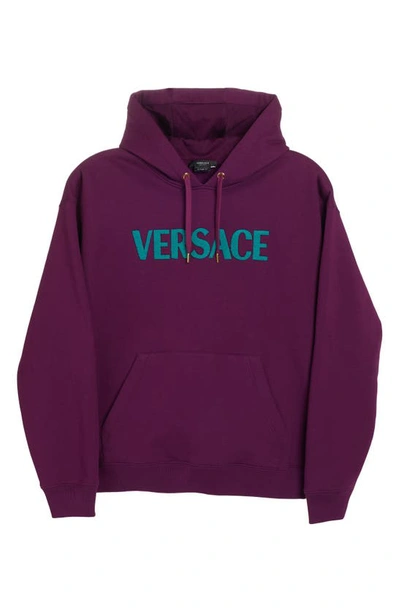Shop Versace Varsity Patch Cotton Logo Hoodie In Iv830 Turquoise