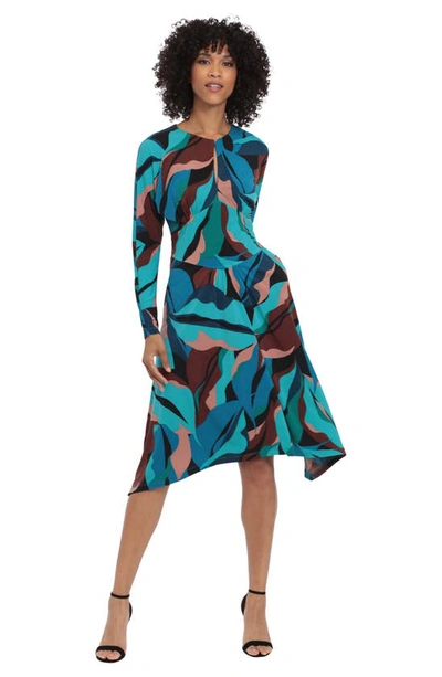 Shop Donna Morgan For Maggy Print Long Sleeve Matte Jersey Dress In Black/ Teal
