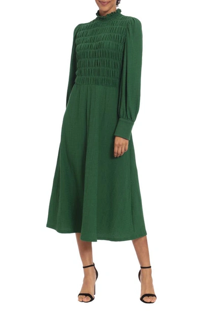 Shop Donna Morgan For Maggy Smocked Bodice Long Sleeve Midi Dress In Dark Green