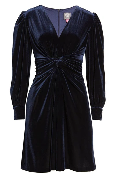Shop Vince Camuto Twist Front Long Sleeve Velvet Fit & Flare Dress In Navy
