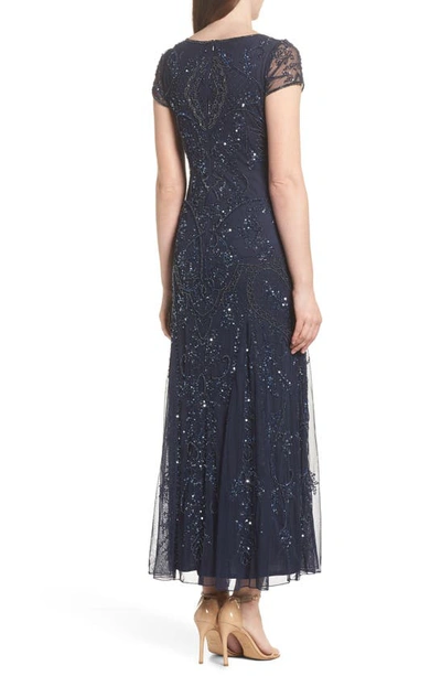 Shop Pisarro Nights Beaded Mesh Midi Cocktail Dress In Navy/ Navy