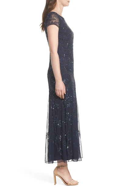 Pisarro Nights Beaded Mesh Column Gown In Navy/ Navy