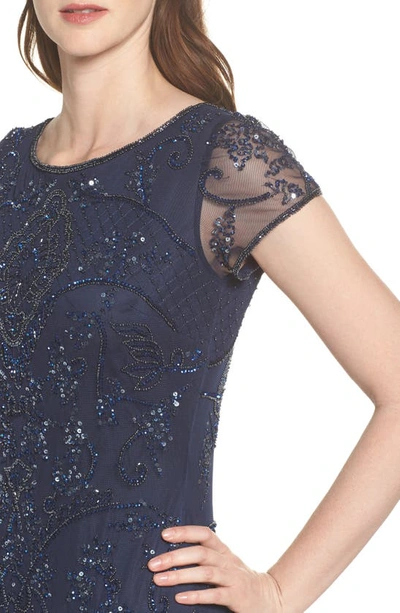 Shop Pisarro Nights Beaded Mesh Midi Cocktail Dress In Navy/ Navy