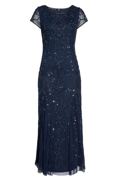 Shop Pisarro Nights Beaded Mesh Midi Cocktail Dress In Navy/ Navy