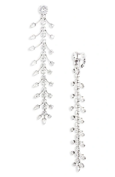 Shop Saint Laurent Fish Bone Crystal Clip-on Drop Earrings In Argent Oxyde/ Crystal