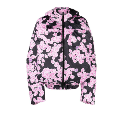 Shop Natasha Zinko Black Pixel Roses Print Puffer Jacket