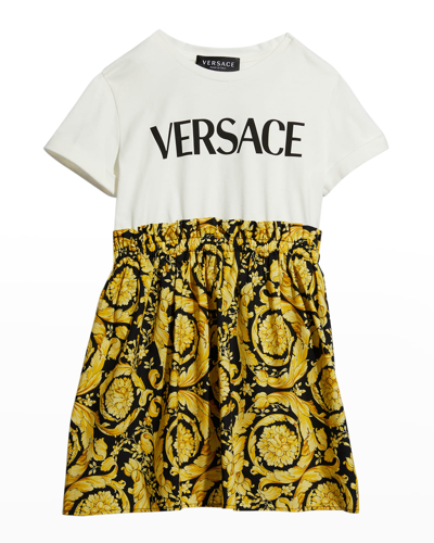 Shop Versace Girl's Logo Baroque Dress In White/black/gold