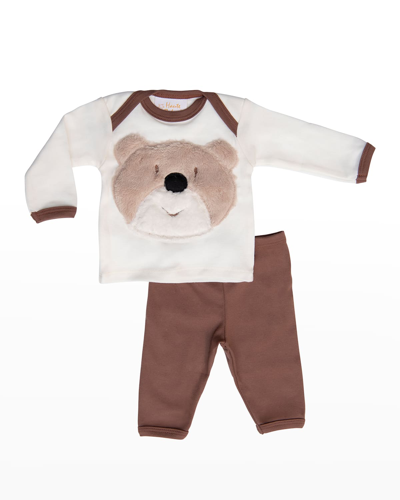Haute Baby Boy's Bear Contrast-trim Cotton Top W/ Leggings In White/brown