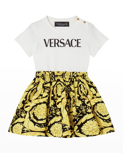 Shop Versace Girl's Baroque Logo-print Combo Dress In White/black/gold