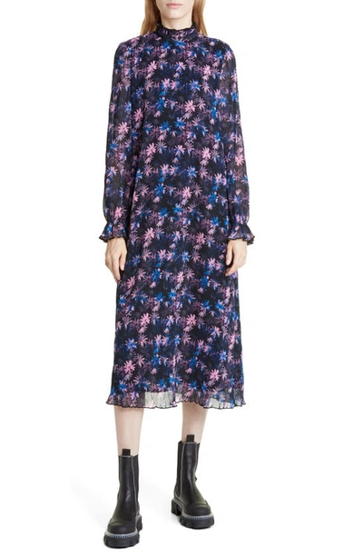 Ganni Long Sleeve Pleated Georgette Midi Dress In Daisy Spray Lilac Sachet  | ModeSens