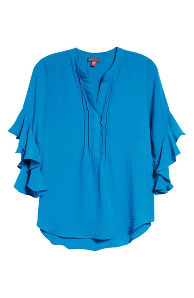 Shop Vince Camuto Ruffle Sleeve Split Neck Blouse In Blue