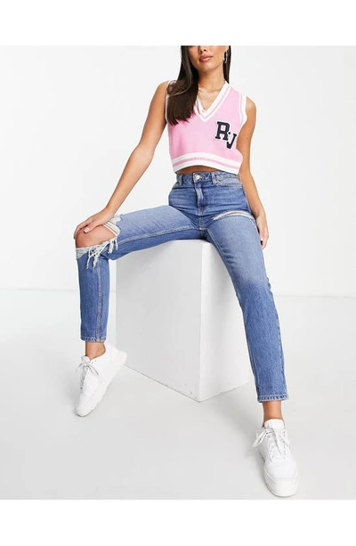 Topshop Mom Jeans With Knee And Thigh Rips In Mid Blue-blues | ModeSens
