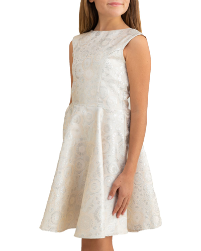 Shop Un Deux Trois Girl's Jacquard V-back Dress In Ivory/silver