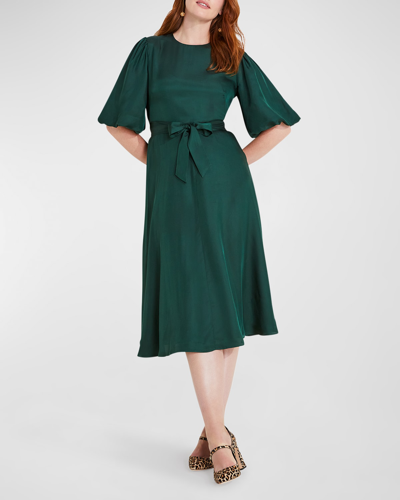 Kate Spade Matinee Puff-sleeve Twill Midi Dress In Pine Grove