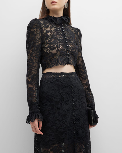 Shop Paco Rabanne Mock-neck Puff-sleeve Lace Crop Top In P001 Black
