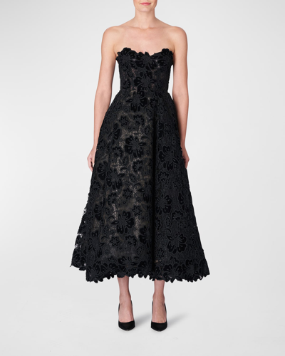 Shop Carolina Herrera Floral Lace Strapless Midi Gown In Black