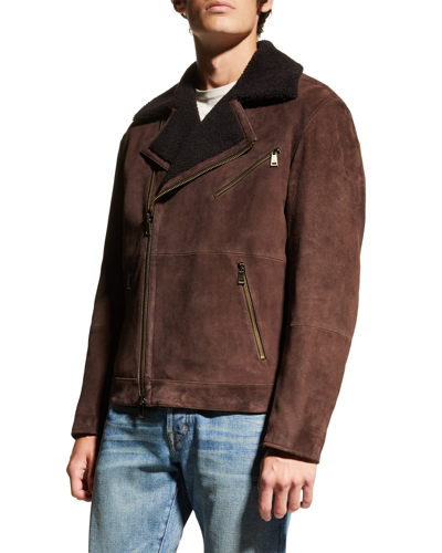 Shop Neiman Marcus Men's Shearling Collar Leather Moto Jacket In Chocolate