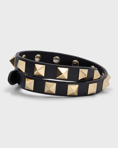 Shop Valentino Rockstud Leather Double Wrap Bracelet In Nero