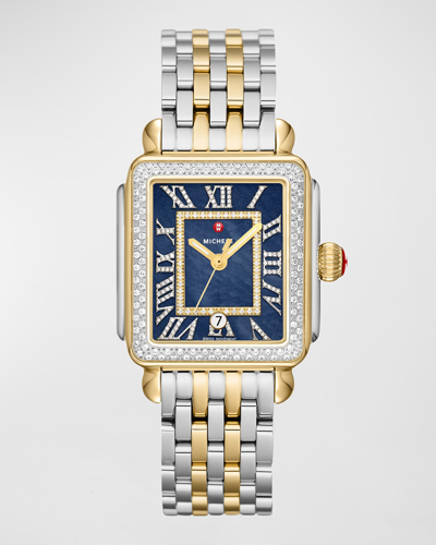Shop Michele Deco Madison Diamond Two-tone Gold-plated Watch With Navy Mother-of-pearl Dial