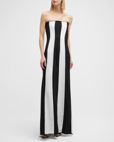 Shop Valentino Striped Crepe Gown W/ Scalloped Neckline In Blackivory