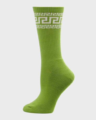Shop Versace Ribbed Greca Athletic Socks In Pale Avocado/whit