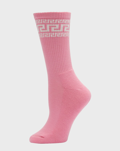 Shop Versace Ribbed Greca Athletic Socks In Pink Lemonade/whi