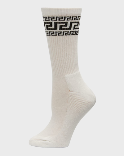 Shop Versace Ribbed Greca Athletic Socks In White / Black