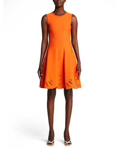 Shop Oscar De La Renta Laser-cut Palm Leaf Knit Dress In Persimmon