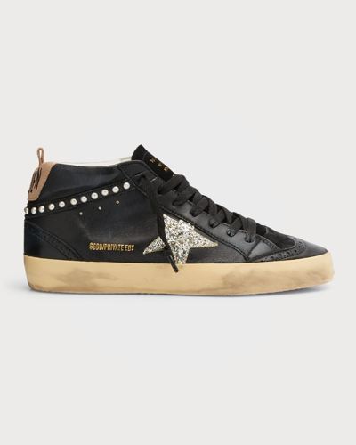 Golden Goose Mid Star Pearly Stud Wing tip Sneakers In Black
