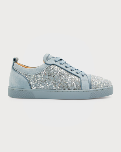 Shop Christian Louboutin Men's Louis Junior Strass Rhinestone Suede Low-top Sneakers In Zinc/blue Shade