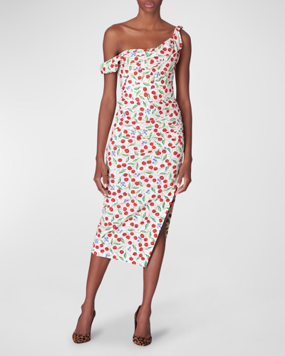 Shop Carolina Herrera Cherry Printed Off-shoulder Midi Dress In Ecru Multi
