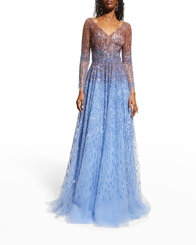 Shop Pamella Roland Ombre Embroidered Evening Gown In Copper Periwinkle