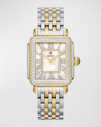 Shop Michele Deco Madison Diamond Two-tone Gold-plated Watch With White Mother-of-pearl Dial