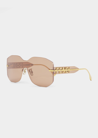 Shop Fendi Rectangular Metal Shield Sunglasses In Shiny Endura Gold