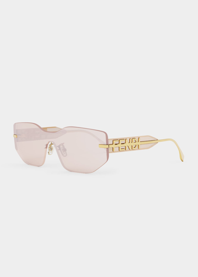 Shop Fendi Oversized Logo Metal Shield Sunglasses In Shiny Endura Gold