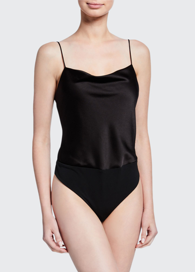 Shop Alice And Olivia Harmon Satin Bodysuit In Navy