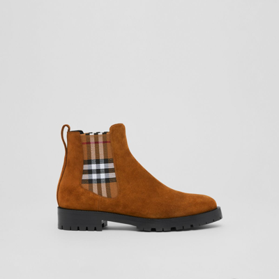 Shop Burberry Vintage Check Detail Suede Chelsea Boots In Chocolate