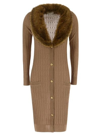 Shop Saint Laurent Knit Faux Fur Dress In Beige