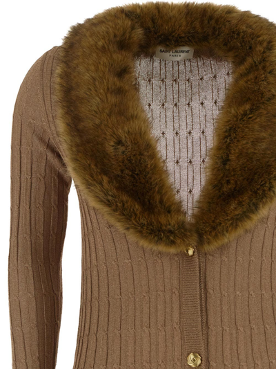 Shop Saint Laurent Knit Faux Fur Dress In Beige
