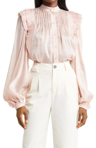 Shop Aje Spellbind Pleated Ruffle Linen & Silk Blouse In Blush