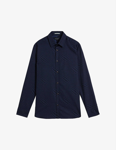 Shop Ted Baker Lawford Graphic-print Cotton-poplin Shirt In Navy