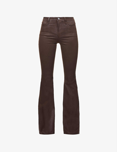 Shop Frame Le High Flare High-rise Flared Coated Cotton-blend Jeans In Dark Chocolate