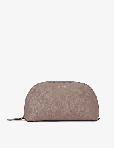 Shop Smythson Taupe Brown Panama Zipped Cross-grain Leather Cosmetic Case