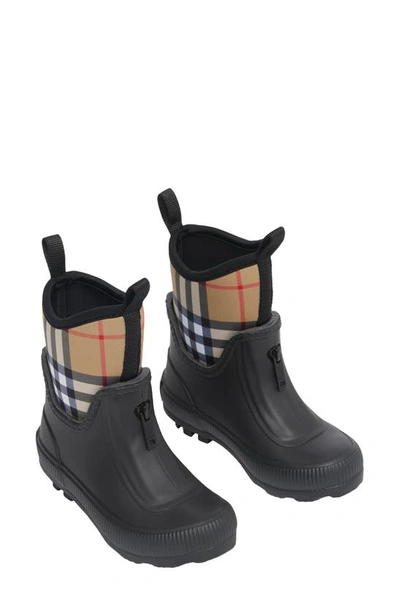 Shop Burberry Kids' Mini Flinton Check Waterproof Rain Boot In Black