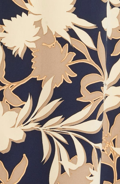 Shop St John Floral Print Belted Silk Blend Midi Dress In Navy Multi