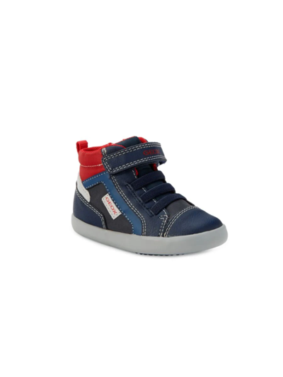 Shop Geox Boy's Leather Sneakers In Navy Multicolor