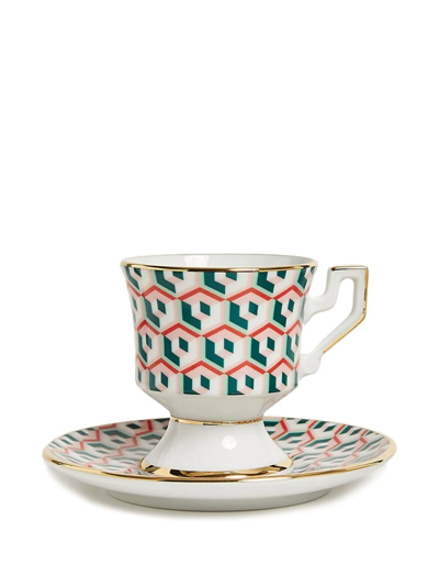 La Doublej Abstract-print Espresso Cup And Saucer Set Of Two In Grün