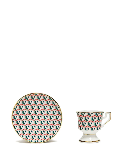 La Doublej Abstract-print Espresso Cup And Saucer Set Of Two In Grün