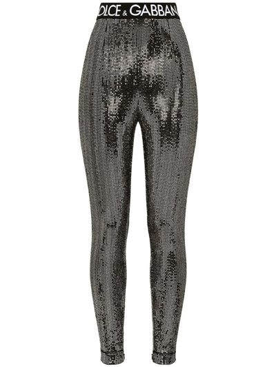 Shop Dolce & Gabbana Logo-waistband Sequin-embellished Leggings In Silver