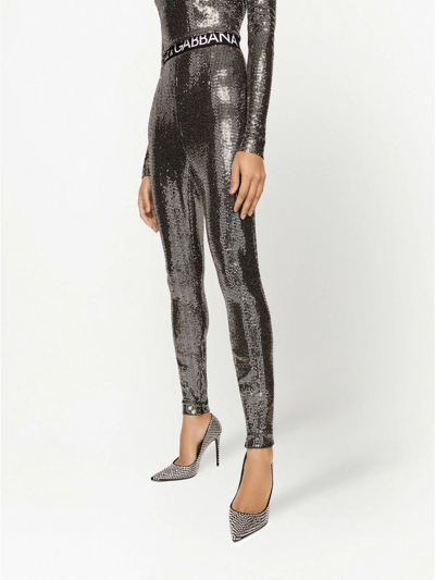 Shop Dolce & Gabbana Logo-waistband Sequin-embellished Leggings In Silver